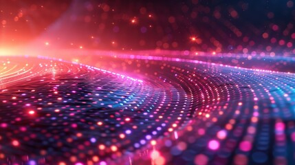 Obraz premium Futuristic glowing pink and purple digital wave with bokeh lights