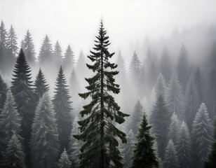 Fototapeta premium A foggy monochrome pine forest, tall trees shrouded in mist