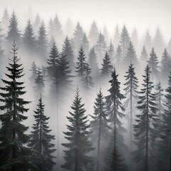 Obraz premium A foggy monochrome pine forest, tall trees shrouded in mist