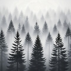 Fototapeta premium A foggy monochrome pine forest, tall trees shrouded in mist