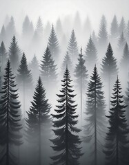 Obraz premium A foggy monochrome pine forest, tall trees shrouded in mist