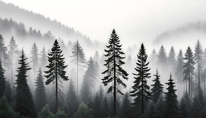 Obraz premium A foggy monochrome pine forest, tall trees shrouded in mist