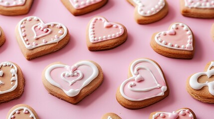 Sweet Heart-Shaped Cookies: Fun and Delightful Treats on Pastel Pink Background