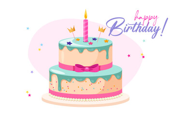 Vector birthday cake with burning candle and lettering.

