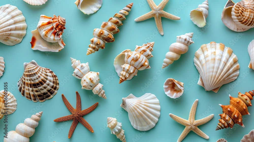 Poster A collection of seashells of various shapes and sizes on a turquoise background.