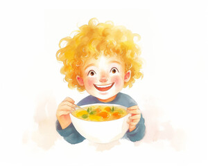 Boy eating vegetable soup from bowl. Watercolour isolated illustration on white background. 