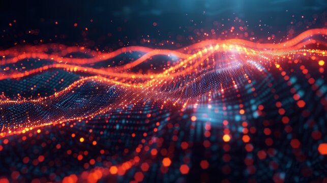 Abstract visualization of a digital landscape with glowing particles forming a wave-like surface in vibrant orange and blue colors, set against a dark background.