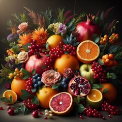 An image of a lush, blooming bunch of fruits arranged together in an aesthetic composition. Pomegranate, oranges, berries.
