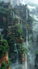 Obraz premium Majestic castle perched on cliffs with cascading waterfalls, surrounded by lush green trees, ancient ruins, and serene misty ambiance.