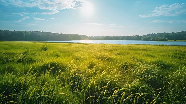 A bluegrass field with a lake image