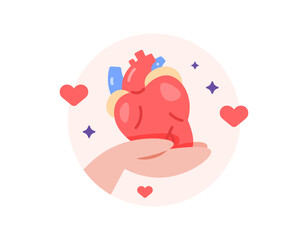 organ donation concept. world organ donation day. illustration of a hand holding or giving a heart. symbol or icon. flat style design. graphic elements