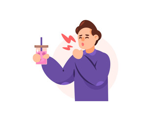 illustration of a man coughing and drinking too much ice. coughing due to drinking too many sweet drinks. consuming too much sugar. health problems. flat style character design. graphic elements