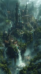 Mystical forest city with towering structures, cascading waterfalls, lush greenery, and misty atmosphere, creating an enchanting and serene ancient architectural landscape.