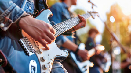 Obraz premium Close up of young musicians playing electric guitars at an outdoor concert