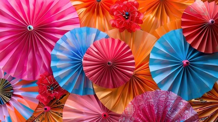 Vibrant Lunar New Year Decor with Colorful Paper Fans and Umbrellas
