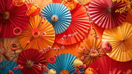 Brightly colored paper fans and decorative umbrellas arranged in a festive display for Lunar New Year 
