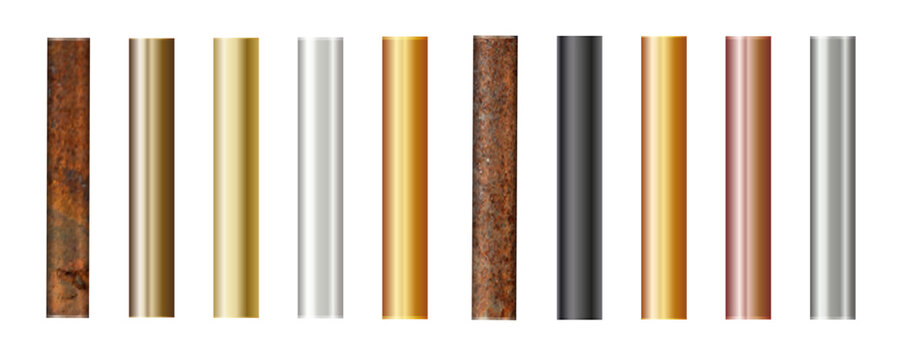 Pipe set isolated on background. Chrome, rusty, steel, golden, copper and iron pipes profile. Cylinder metal tubes. Vector