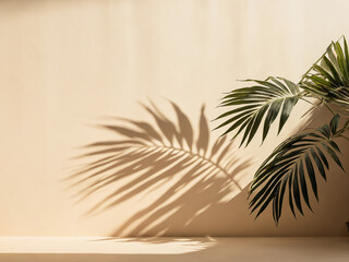 Fototapeta premium Palm leaf shadow on tan wall