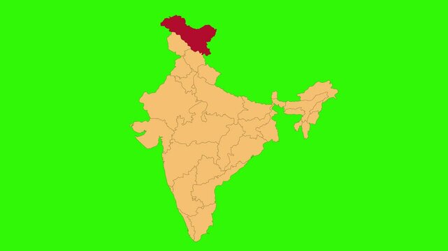 Ladakh map animated video. Map Highlighted on the India map with animation and colour with Green screen background in video format.	
