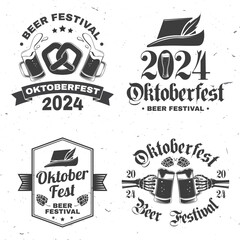 Obraz premium Set of Oktoberfest logos or badges design. Vector. Beer mug with malt, German traditional hat, fried sausage, grilled, skewered on a fork. Vintage typographic design.