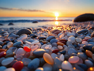 Obraz premium Colorful sea glass and smooth stones at sunset on a beach