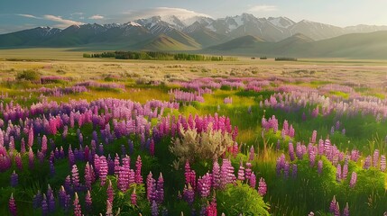 Fototapeta premium A field of lupines with mountains picture
