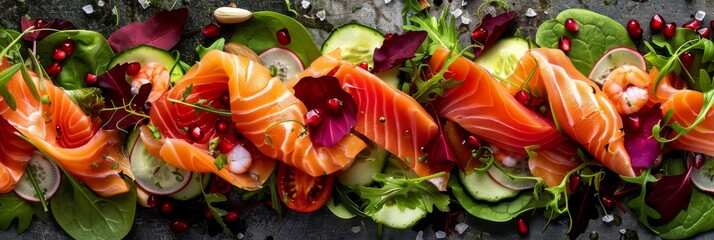 Fototapeta premium Salmon Salad with Shrimps and Greens, Smoked Trout Pieces, Lettuce, Cucumbers, Radicchio, Nuts