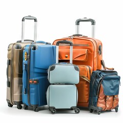 Color suitcases set isolated, modern travel bags group, handbags pack, different luggages, baggage collection