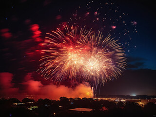 Fireworks display over city skyline on a dark summer night