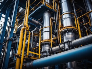 Industrial plant with yellow and blue pipes in a complex network
