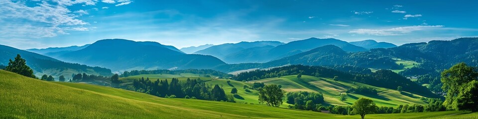 Obraz premium Rolling hills and lush pastures under a sunny sky in a rural countryside setting.