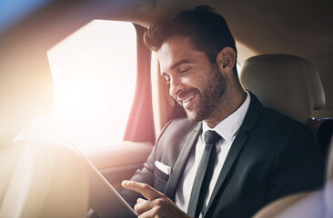 Business man, car and tablet for transportation service review in trip, travel and taxi or cab. Corporate worker reading online news on digital technology and enjoy drive to work, airport or meeting
