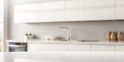Fototapeta premium Blurred Interior of a Contemporary Kitchen. A soft-focus view of a modern kitchen interior, showcasing sleek white cabinetry, minimalist design, and a clean, bright atmosphere. 