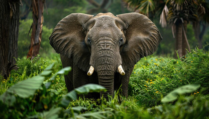 Elephant, The largest land mammal, in African jungle, Nature Wallpaper Background with Copy Space