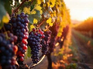 Ripe grapes hanging from vines in a vineyard at sunset