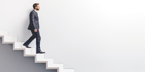 Successful businessman walking down stairs signifies career growth and progress.