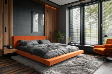 Contemporary minimalist bedroom showcasing a coral bed, gray walls, and wooden flooring, complemented by a black screen on the left wall, window blinds, and an orange armchair