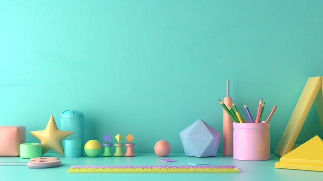 Vibrant 3D Educational Objects Arrayed on Blank Surface for Copy Space