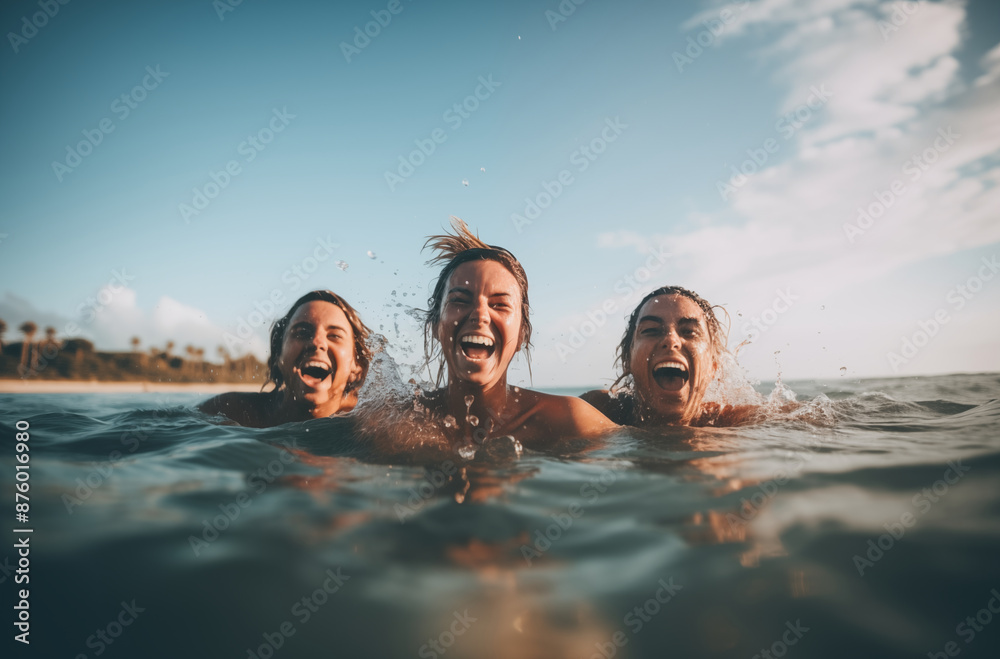 Wall mural three friends having fun and laughing together while swimming in the ocean on a sunny day