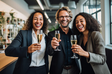 Happy colleagues toasting with champagne glasses, celebrating success at an office party