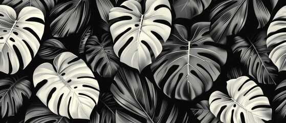 A bold and graphic pattern of overlapping tropical leaves in a minimal black and white color scheme, creating a modern and sophisticated design