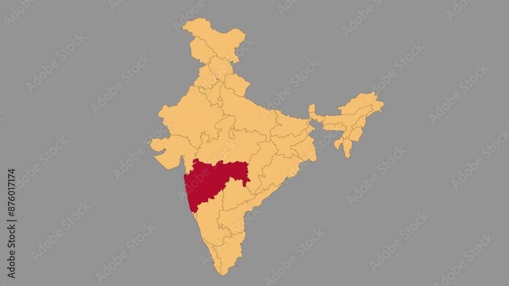 Poster maharashtra map animated video. map highlighted on the india map with animation and colour with gray