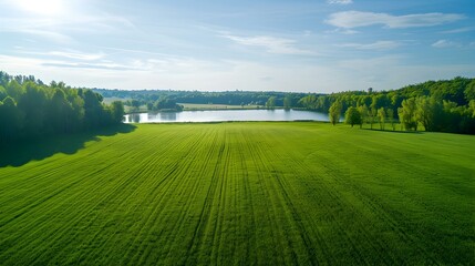 Fototapeta premium A bluegrass field with a lake img