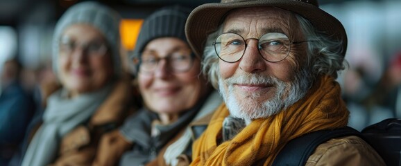 Obraz premium A Smiling Group Of Senior Friends Sitting In The Airport Departure Area, Waiting