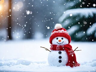 Fototapeta premium A happy snowman standing in the snow during a winter snowstorm