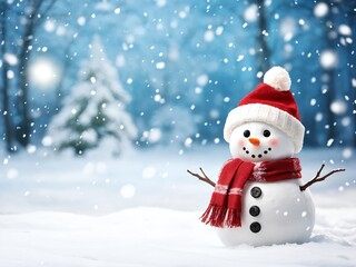 Fototapeta premium Snowman wearing a red hat and scarf in a snowy forest