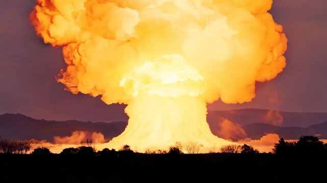 Epic nuclear bomb explosion in desert. Big bang. Third world war concept. Arms race Apocalyptic catastrophe. Doomsday hell. Global problem radioactive catastrophe. Armageddon.