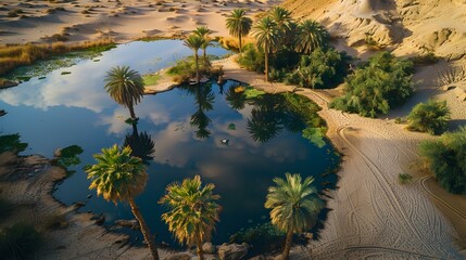 A desert oasis with palm trees
