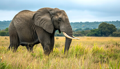 Obraz premium Elephant, The largest land mammal, in African savannas, Nature Wallpaper Background with Copy Space