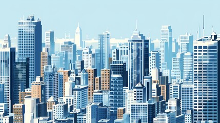 Fototapeta premium A colorful, illustrated city skyline with tall buildings.